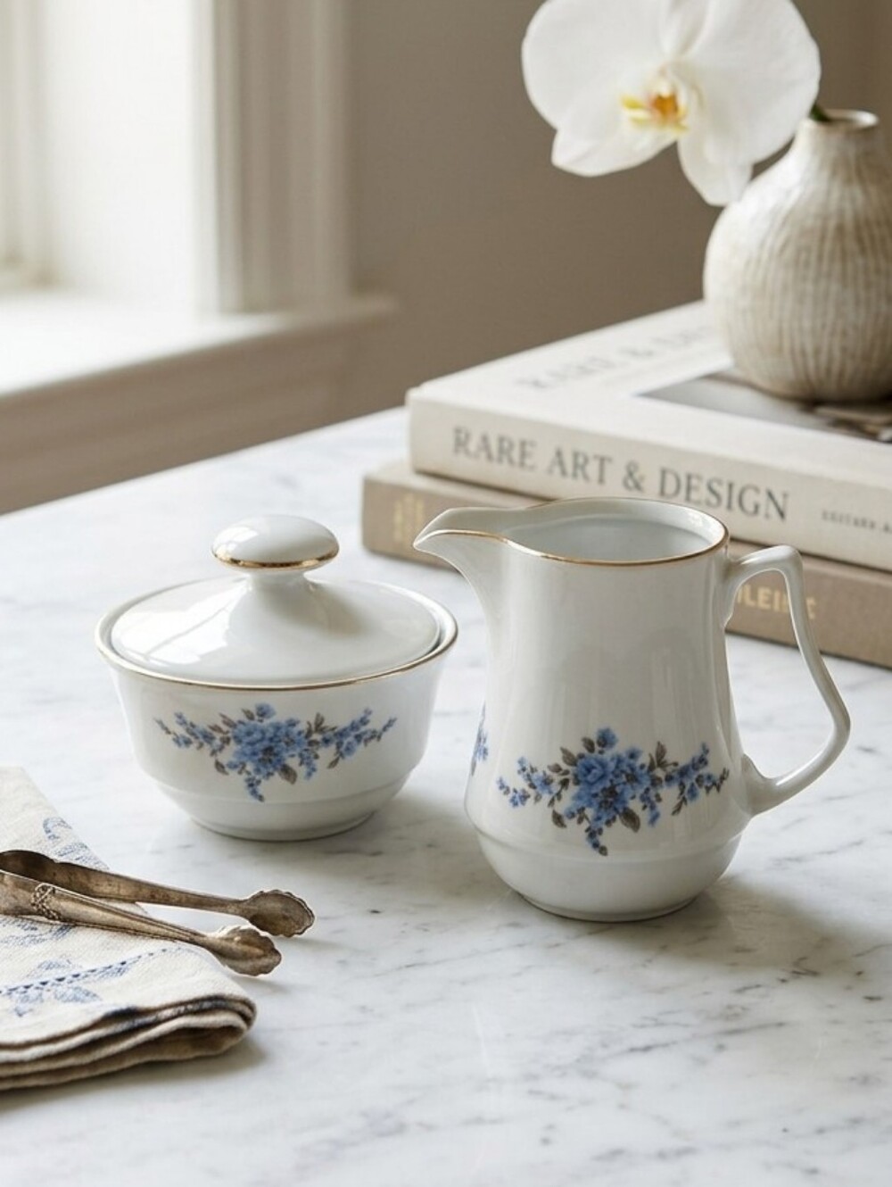 Vintage Henneberg GDR Porcelain Creamer & Sugar Bowl Set Floral Pattern